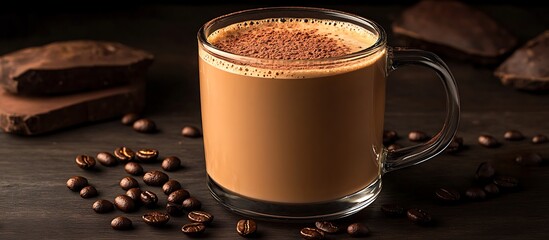 Rich comforting mocha latte with a dusting of cocoa paired with dark chocolate warm inviting soft