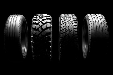 Different types of tires showcasing unique patterns and tread designs against a black background for automotive enthusiasts