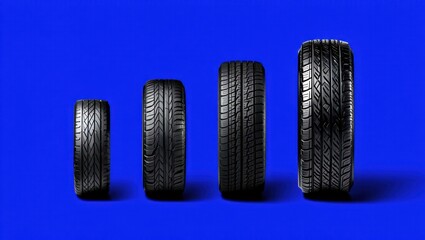 Four tire sizes standing in a row on a vivid blue background to showcase options for different vehicles