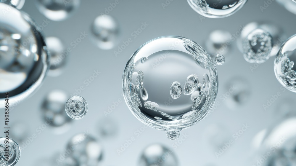 Poster floating transparent bubbles underwater with blue reflections in clean abstract macro background sce