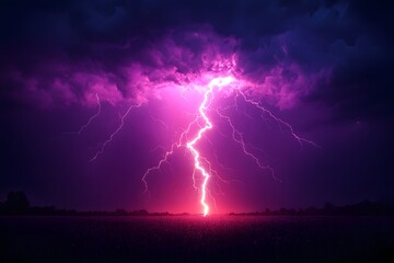 Intense Purple Lightning Storm Over Dark Field at Night