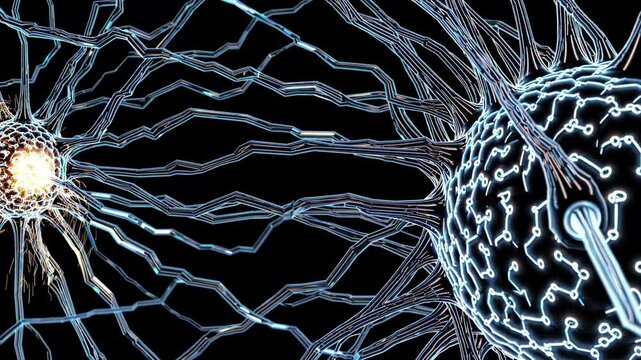 Glowing electric signals connecting advanced neural structures, representing interconnected digital brain pathways and artificial intelligence communication network