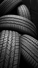 Tire stacking in a workshop showcasing various tire designs and tread patterns for vehicle maintenance