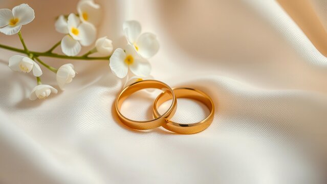 Two classic gold rings lie on delicate fabric, surrounded by white flowers. The scene symbolizes love, fidelity and the beauty of the moment.