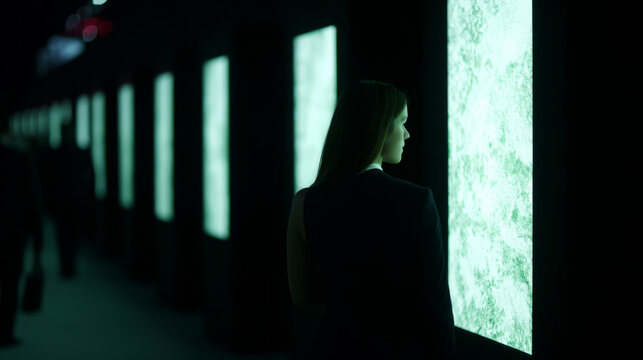 A silhouette of an enigmatic woman gazes at luminous digital screens, evoking cyber introspection during Solstice Night