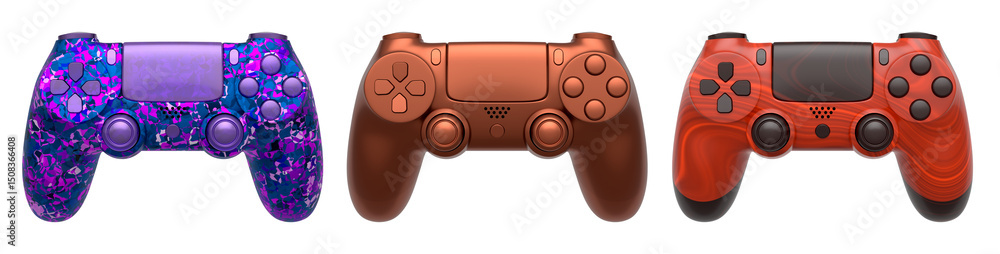 Poster collection of gaming controllers with different colors and designs for gaming enthusiasts isolated o
