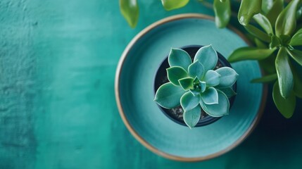 Top view of green succulent plant in ceramic pot with turquoise background and soft light