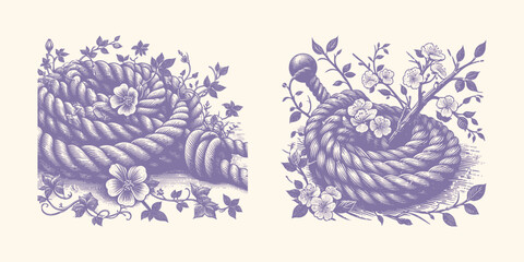 Purple Boat Rope Entwined with Blooming Vines – Vintage Woodcut Style Nautical Engraving Illustration with Floral Tangle, Nature-Inspired Decorative Design