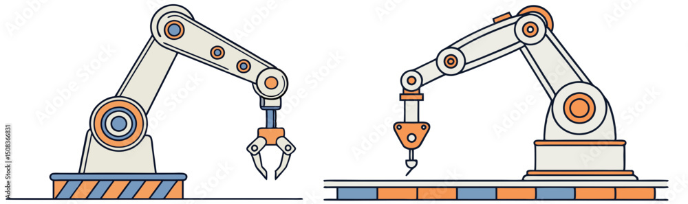 Poster two industrial robot arms with different end effectors on striped platforms in a factory setting