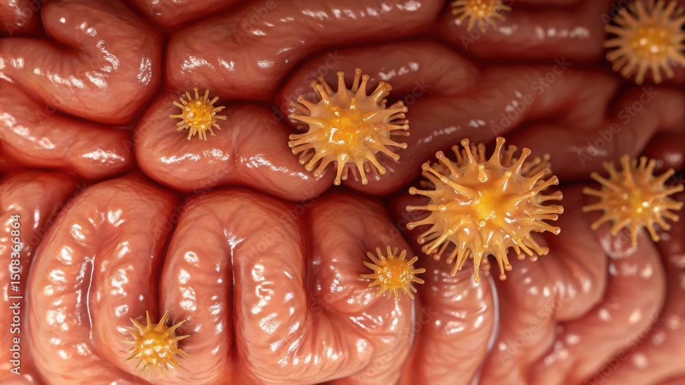 Poster leaky gut concept. microscopic view of brain with virus-like structures depicted.