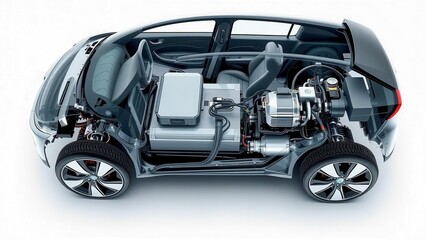 Fototapeta premium Electric vehicle cross section showing lithium-ion battery and powertrain components. Image emphasizes technical structure. Suitable for eco-transport and technology topics.
