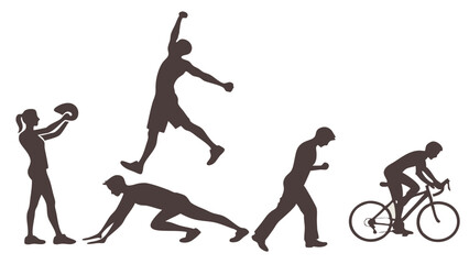 Fototapeta premium Silhouettes of people engaged in various physical activities including cycling running and jumping high