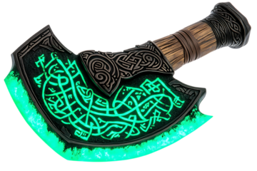 Ornamental battle axe with glowing green runes against transparent background