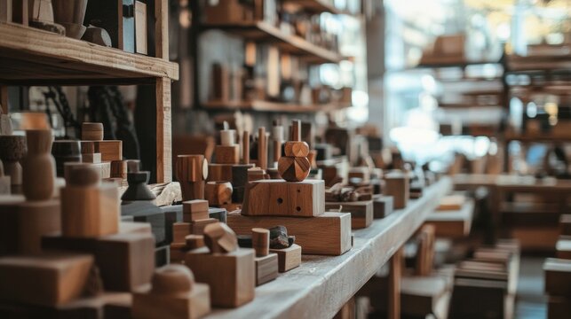 Artisan pottery workshop with wooden shelves and ceramics in natural warm studio craft scene