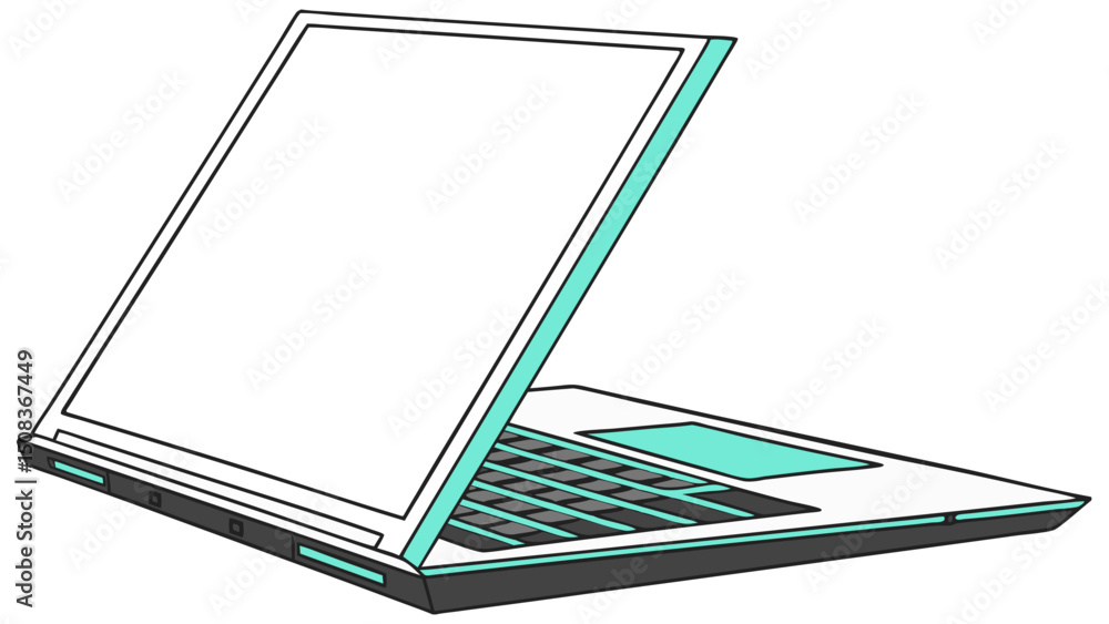 Aufkleber illustration of an open laptop with a white screen and a turquoise frame and keyboard visible on it