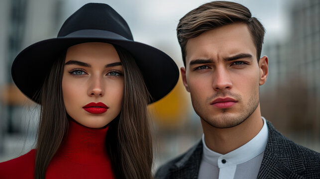 Stylish duo, enigmatic Euro-American allure, autumnal cityscape, St Martin's Day chic, modern noir cinematic vibes entwine