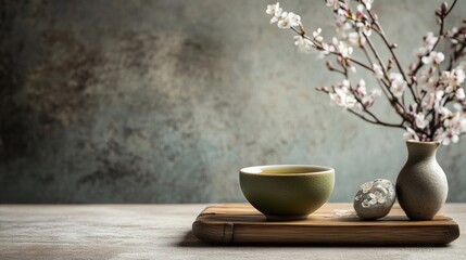 Minimal tea set and blossoms on wooden table with textured wall in calm Japanese interior scene