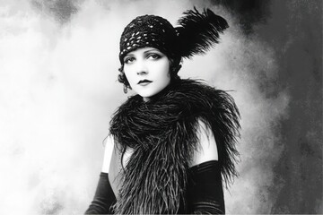 Vintage portrait of woman in flapper dress, feather boa, and 1920s style headwear