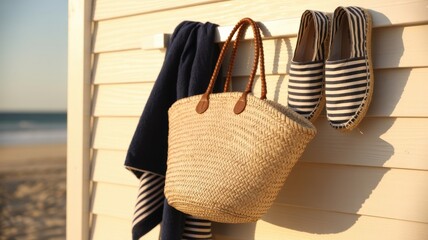 Beach essentials with striped shoes and wicker bag on sunny day