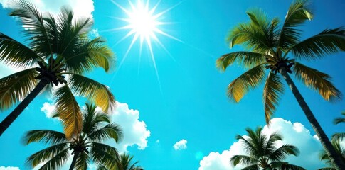 Towering palms silhouette against a vivid azure sky; lush foliage details , bright, tropical scene, blue
