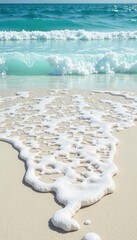 Textured white sand, dynamic wave formations, natural light, coastal, bright, background