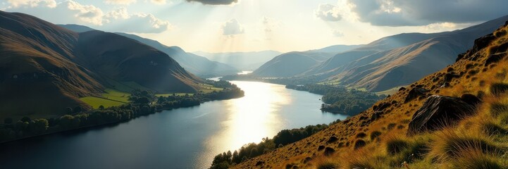 Sunlight on Haweswater, seen from elevated Whiteacre Crag viewpoint , Whiteacre Crag, sunrise