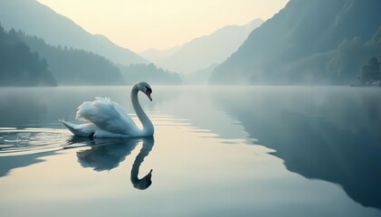Swan's elegant silhouette perfectly mirrored on a tranquil lake; hazy horizon , dusk, muted