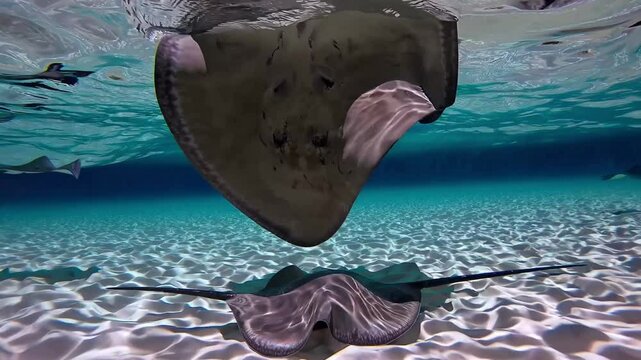 Southern stingrays gliding gracefully near white sandy seabed, engaging in mating behavior within pristine turquoise waters of bahamian marine ecosystem