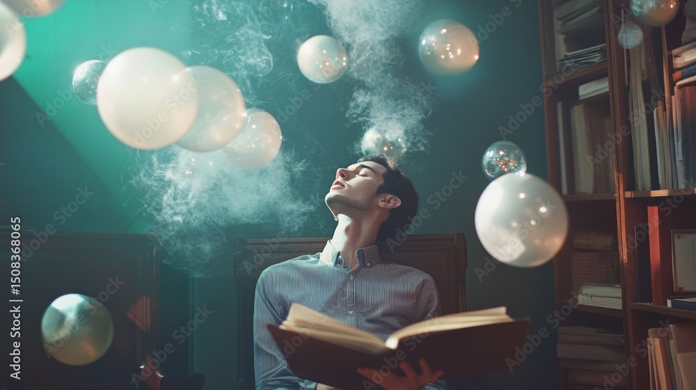 Poster man reading book with glowing bubbles floating in magical fantasy surreal dreamlike library scene