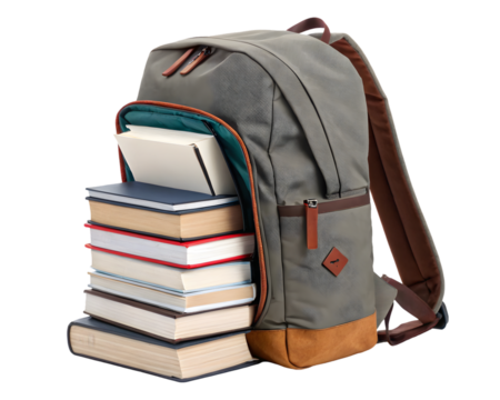 A modern student backpack with books partially visible, isolated on a pure white background. The backpack is open or slightly unzipped, showing colorful textbooks