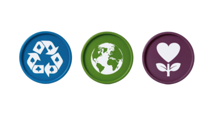 Three colorful icons representing recycling, the Earth, and environmental care on a clean background