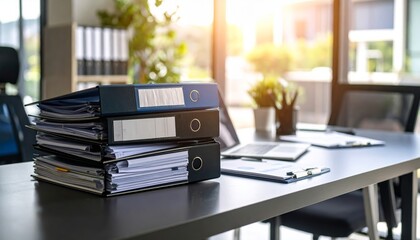 A contemporary empty office desk with a computer and laptop sits ready for work in a bright room