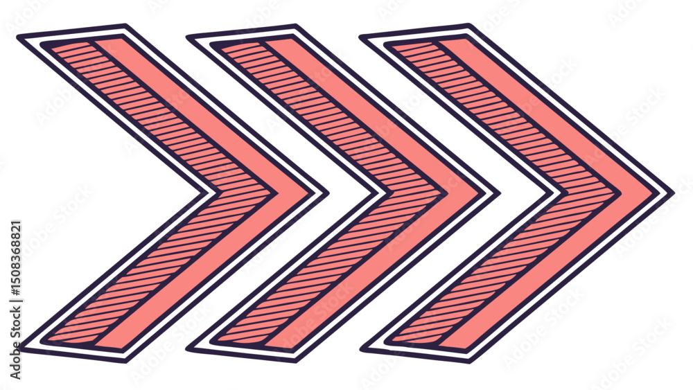 Aufkleber three pink chevron arrows pointing right with dark outlines and diagonal striped fills in a row desi