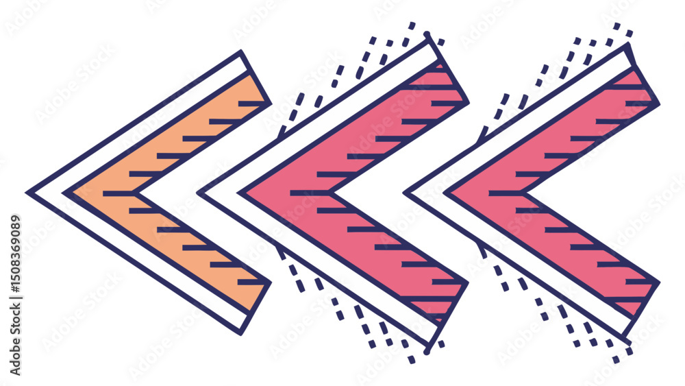 Aufkleber three chevron shapes in a row with orange and pink fill and dashed lines on the top right corners