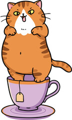 Orange tabby cat playfully stands inside a lilac teacup with a teabag