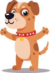 Cartoon dog stands smiling with a red collar arms raised in a thumbsup gesture