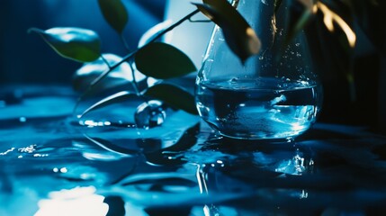 Water glass with leaves and reflections in night light moody wet tabletop beverage artistic photo scene