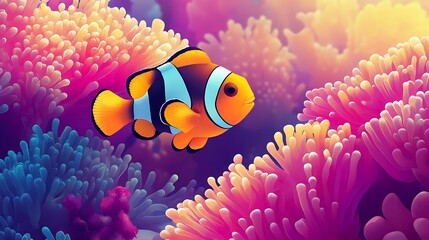 Vibrant clownfish swimming amidst colorful anemones.