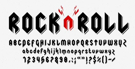 Hard rock metal font, music heavy band typeface, punk tattoo type, strong abc alphabet vector typography. Rock and roll or black metal music font letters and numbers with red lightnings, tattoo type