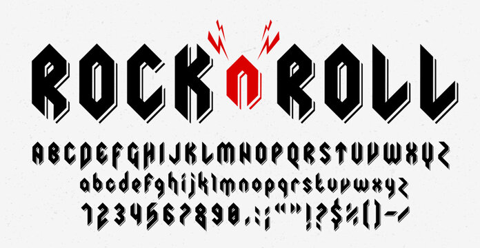 Hard rock metal font, music heavy band typeface, punk tattoo type, strong abc alphabet vector typography. Rock and roll or black metal music font letters and numbers with red lightnings, tattoo type