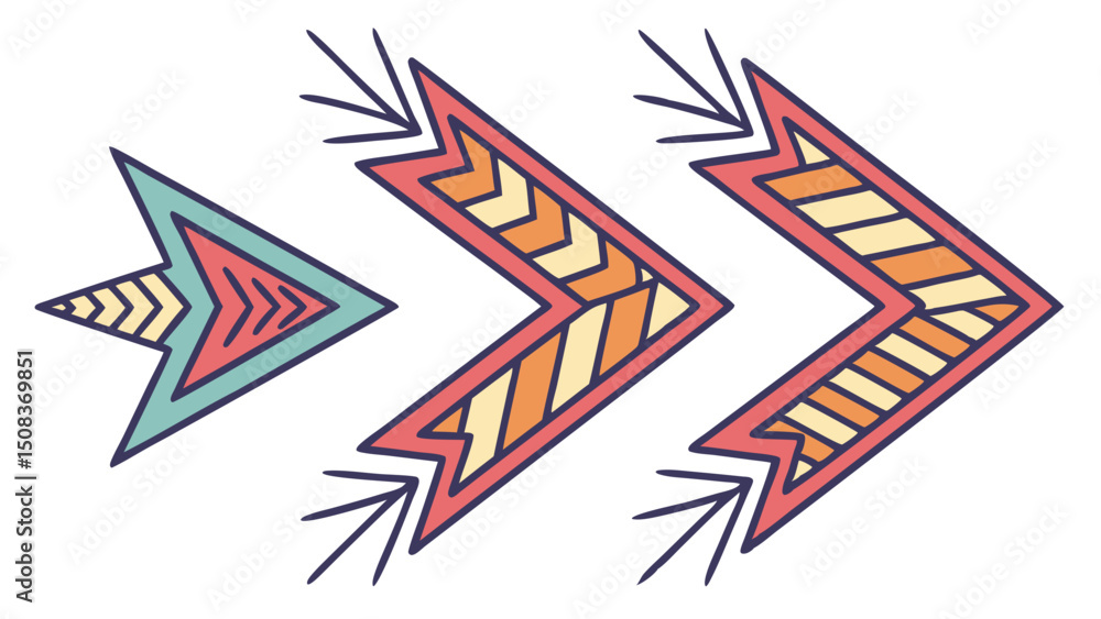 Poster three stylized arrows pointing right with geometric patterns and decorative lines on a white backdro