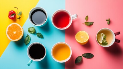 Colorful cups with fruit tea on geometric background in bright vibrant morning energy breakfast product food styling scene