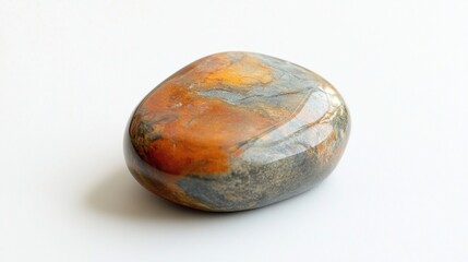 Polished, smooth, oval-shaped gemstone exhibiting swirling patterns of orange, yellow, grey, and brown hues on a bright white background.  The stone displays a high gloss finish, reflecting light