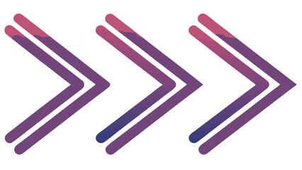Obraz premium Three right pointing chevron symbols in a row with a purple and pink gradient on a white background