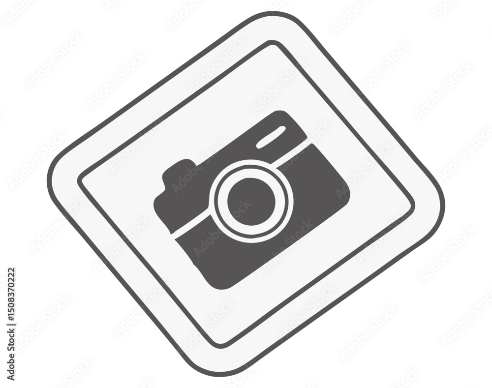 Poster camera inside a rotated square shape with rounded corners and double border lines