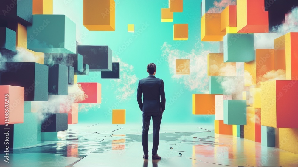 Poster businessman standing in digital cube world of colorful floating technology interface blocks