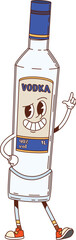 Vodka beverage bottle groovy happy character. Party alcohol drink bottle cute retro vector character, distilled booze funny vintage personage. Vodka bar or pub spirit beverage cheerful groovy mascot
