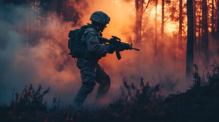 Equipped Soldier is Moving Through Smokey Forest