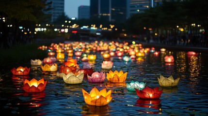 Colorful lotus-shaped lanterns float on a water channel at night.