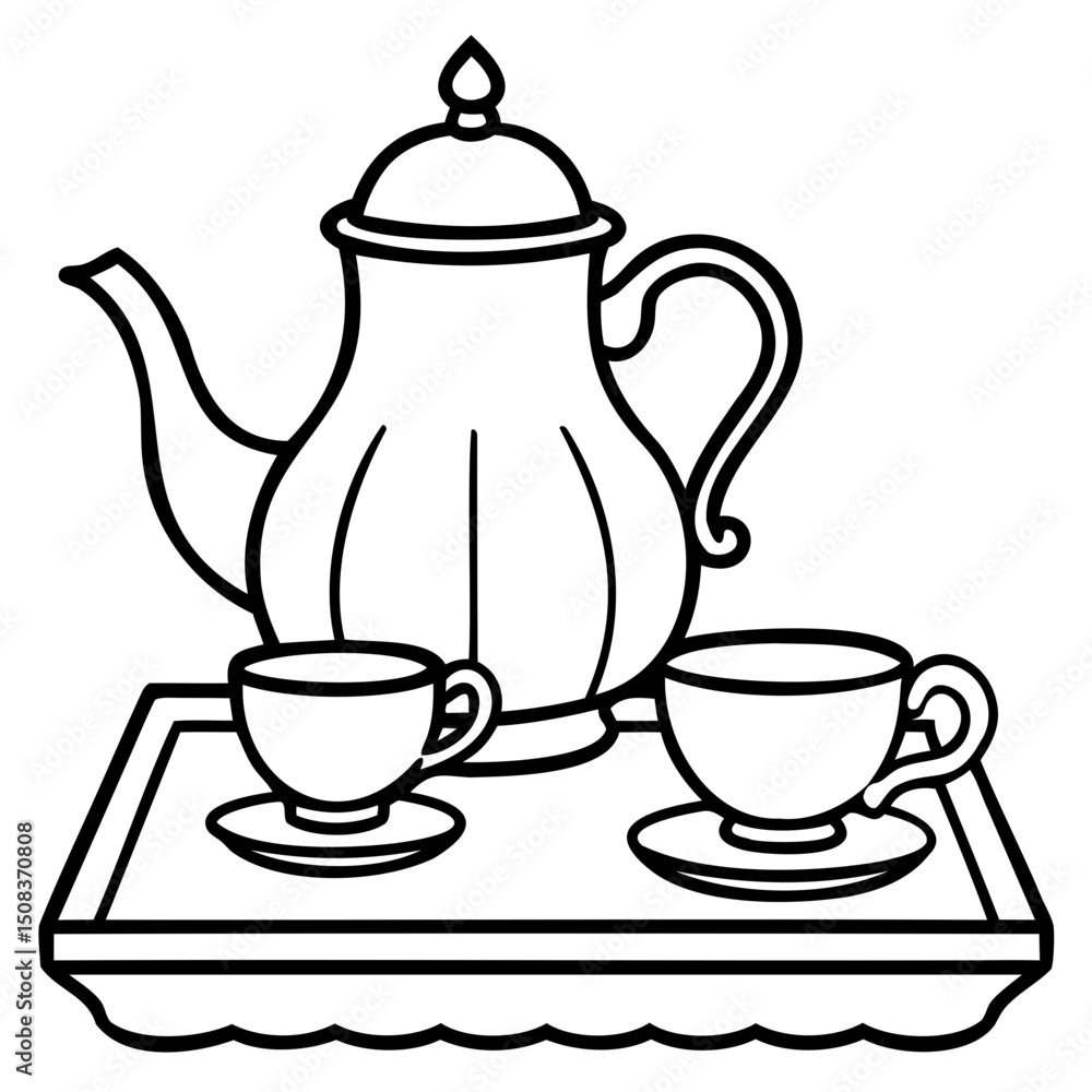 Poster a drawing of a tea set with a teapot and two cups on a tray in black and white style on transparent 